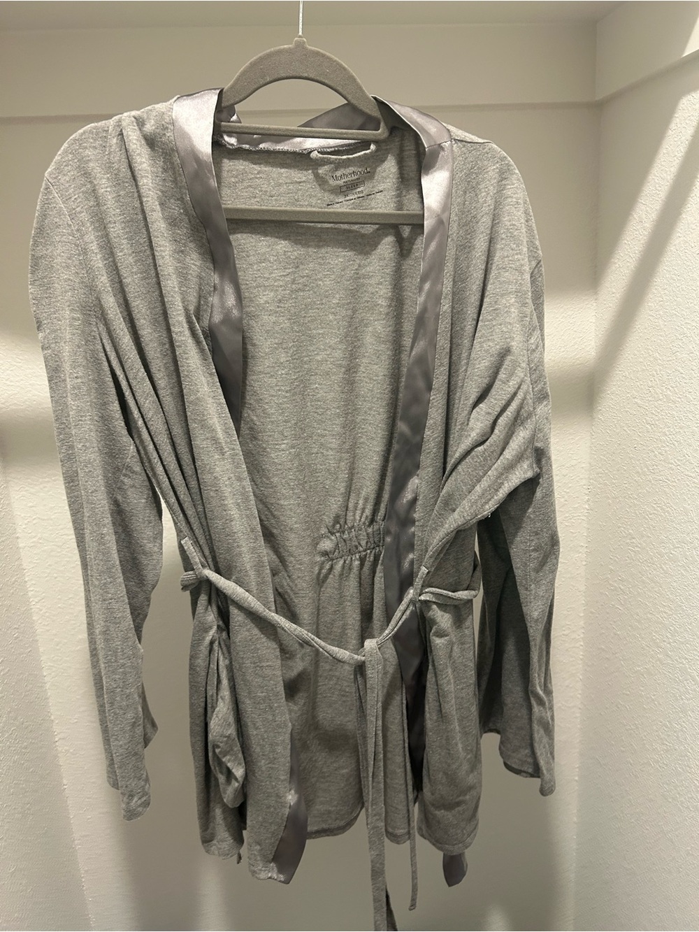 Motherhood Maternity Light Gray Wrap Cardigan with Satin Trim and Matching Pants